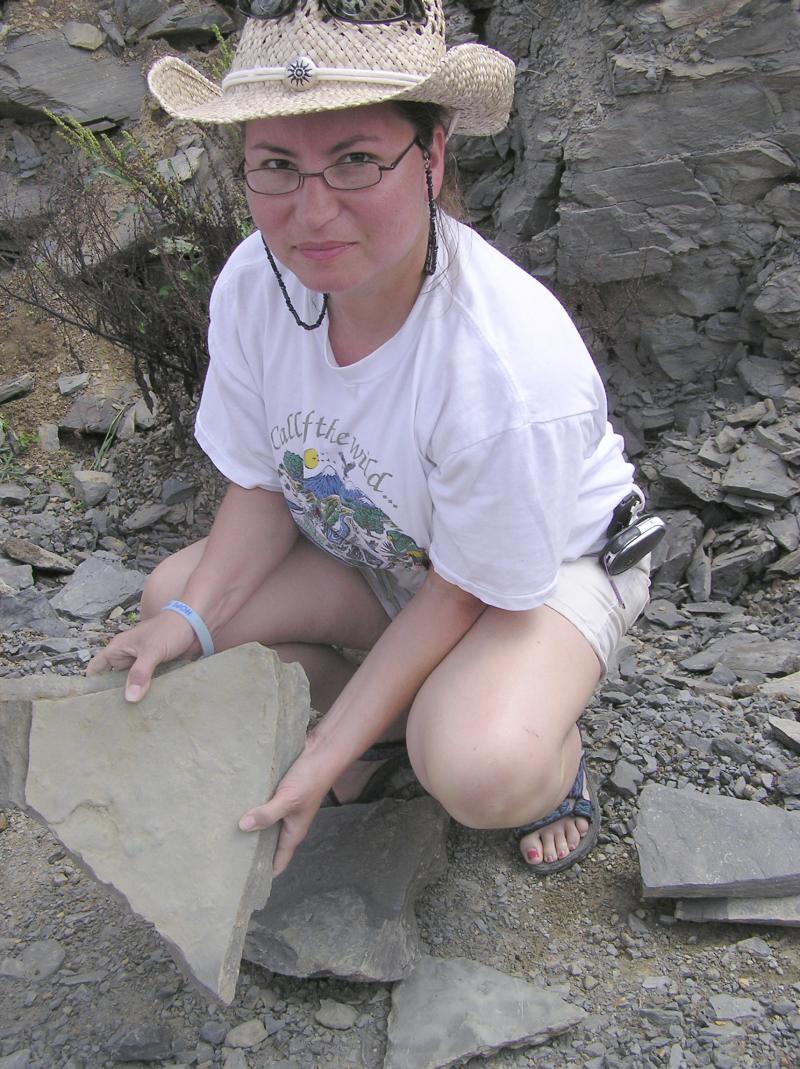 showing off fossil starfish