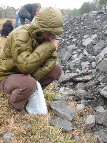 Lea looking at fossiliferous rocks