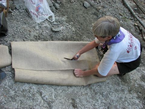 Vicki cutting strips of burlap to use in making the plaster jacket.