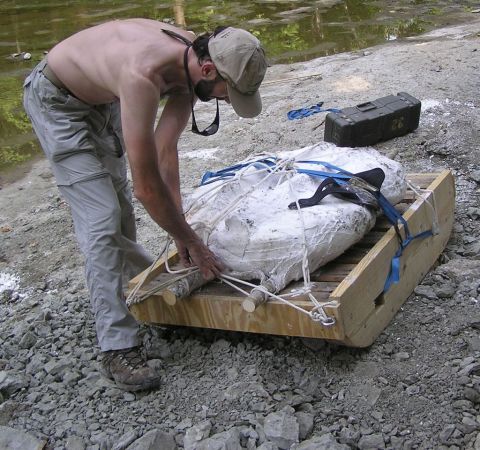 James Lamb tying the dinosaur skull down, getting it ready for the long carry.