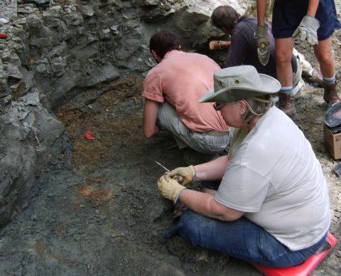 Martha, James and Bobby in the dig hole, examining their finds.