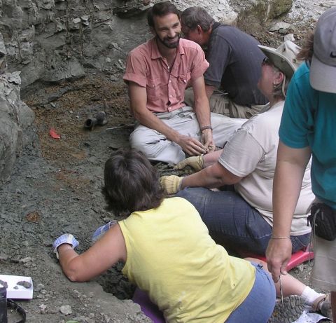 Claire, Becky, Martha, James, and Bobby on the Eotrachodon orientalis dinosaur dig.